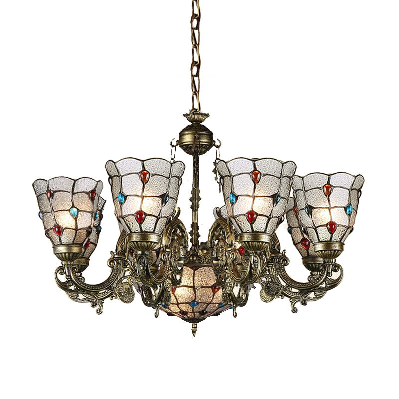 Tiffany Style Arm Chandelier with Frosted Glass Shades - 9/12 Lights Bronze Pendant Lamp for Living Room