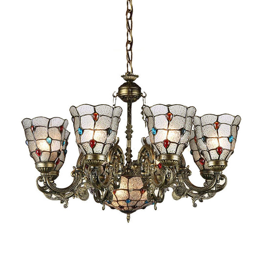 Tiffany Style Arm Chandelier with Frosted Glass Shades - 9/12 Lights Bronze Pendant Lamp for Living Room