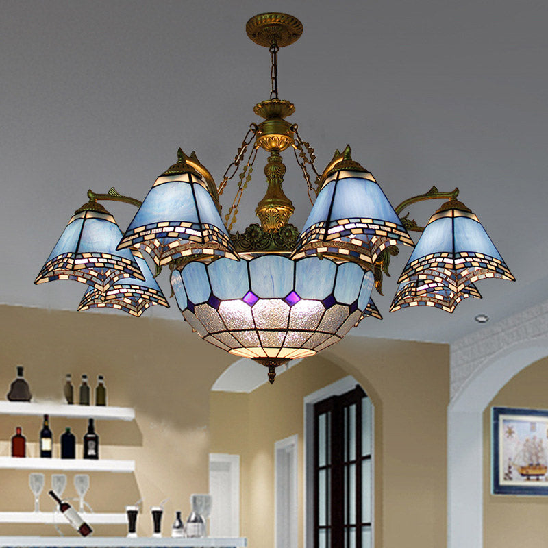 Baroque Stained Glass Chandelier: Blue Pyramid Pendant Light for Living Room - 9/11 Lights