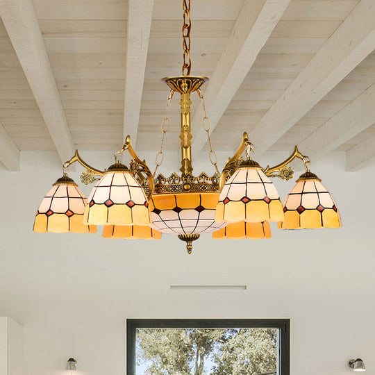 Mediterranean Dome Chandelier with 11 Yellow Stained Glass Lights - Perfect for Living Rooms