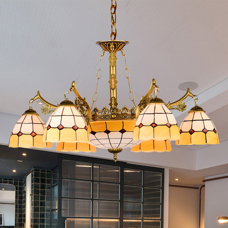 Mediterranean Stained Glass Ceiling Chandelier - 11-Light Yellow Drop Pendant For Living Room