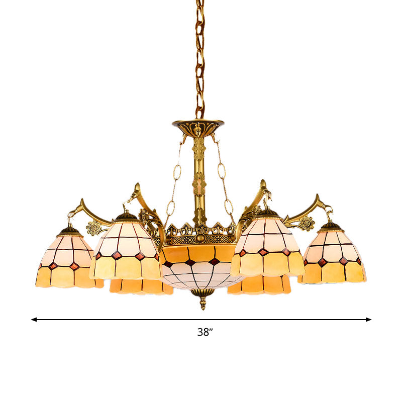 Mediterranean Stained Glass Ceiling Chandelier - 11-Light Yellow Drop Pendant For Living Room