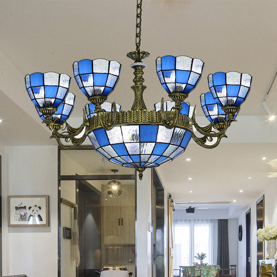 Baroque Bronze Domed Chandelier with Blue/Textured White Glass for Bedroom - 5/9/11 Lights