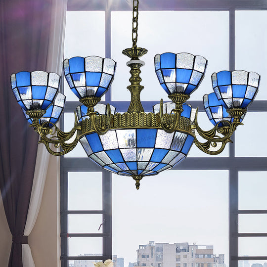 Baroque Bronze Domed Chandelier with Blue/Textured White Glass for Bedroom - 5/9/11 Lights