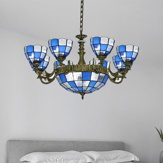 Baroque Bronze Domed Chandelier with Blue/Textured White Glass for Bedroom - 5/9/11 Lights