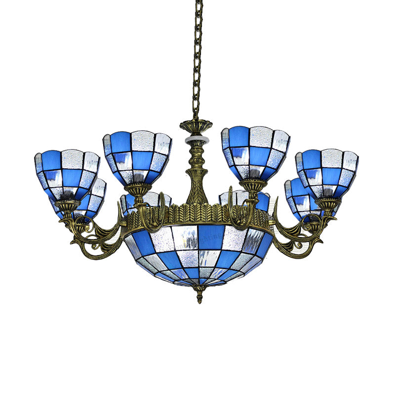 Baroque Bronze Domed Chandelier with Blue/Textured White Glass for Bedroom - 5/9/11 Lights