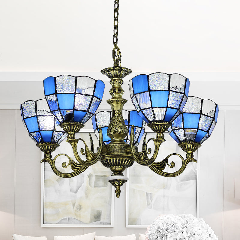 Baroque Domed Chandelier In Bronze With Blue/Textured White Glass Lights - Ideal For Bedroom 5 /