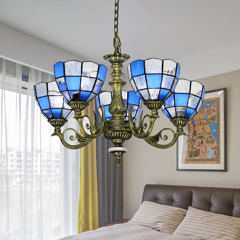 Baroque Bronze Domed Chandelier with Blue/Textured White Glass for Bedroom - 5/9/11 Lights