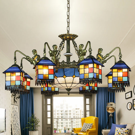 Blue Stained Glass Chandelier Light Fixture for Living Room - Mediterranean House Ceiling Light with 5/9/11 Lights