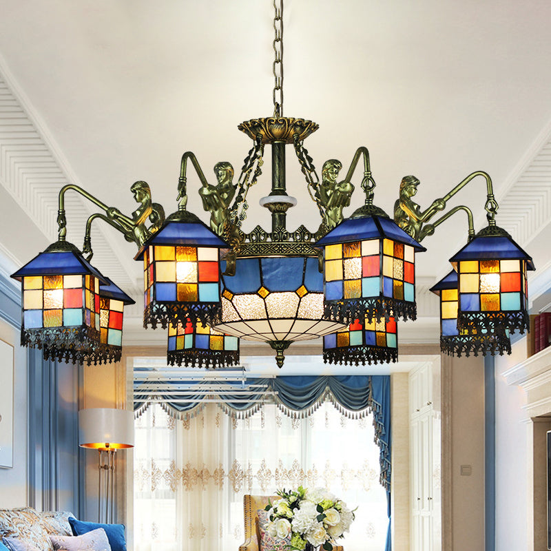 Blue Stained Glass Chandelier Light Fixture for Living Room - Mediterranean House Ceiling Light with 5/9/11 Lights