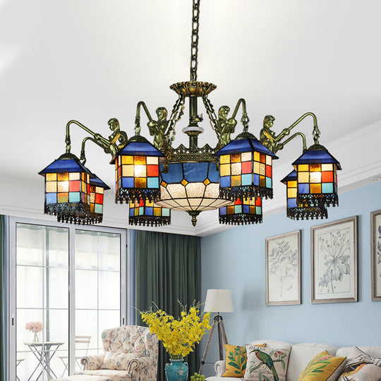 Blue Stained Glass Chandelier Light Fixture for Living Room - Mediterranean House Ceiling Light with 5/9/11 Lights