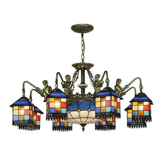 Blue Stained Glass Chandelier Light Fixture for Living Room - Mediterranean House Ceiling Light with 5/9/11 Lights