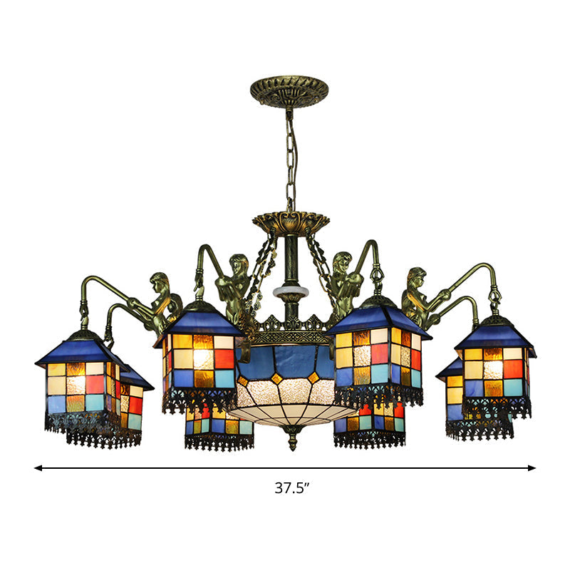 Blue Stained Glass Chandelier Light Fixture for Living Room - Mediterranean House Ceiling Light with 5/9/11 Lights