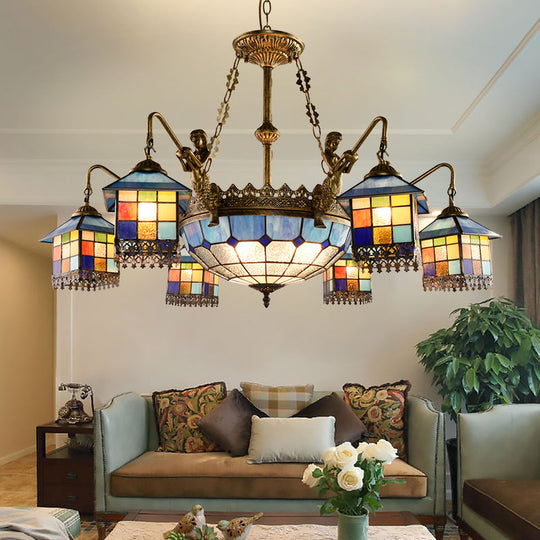 Blue Stained Glass Chandelier Light Fixture for Living Room - Mediterranean House Ceiling Light with 5/9/11 Lights