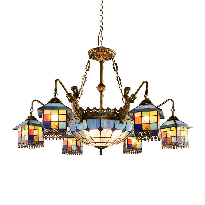 Blue Stained Glass Chandelier Light Fixture for Living Room - Mediterranean House Ceiling Light with 5/9/11 Lights