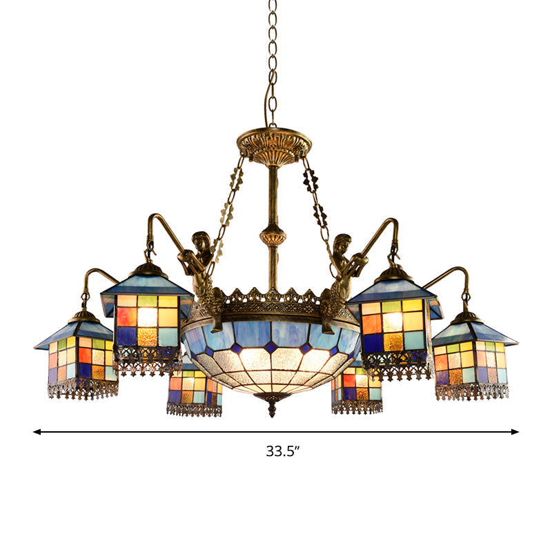 Blue Stained Glass Chandelier Light Fixture for Living Room - Mediterranean House Ceiling Light with 5/9/11 Lights