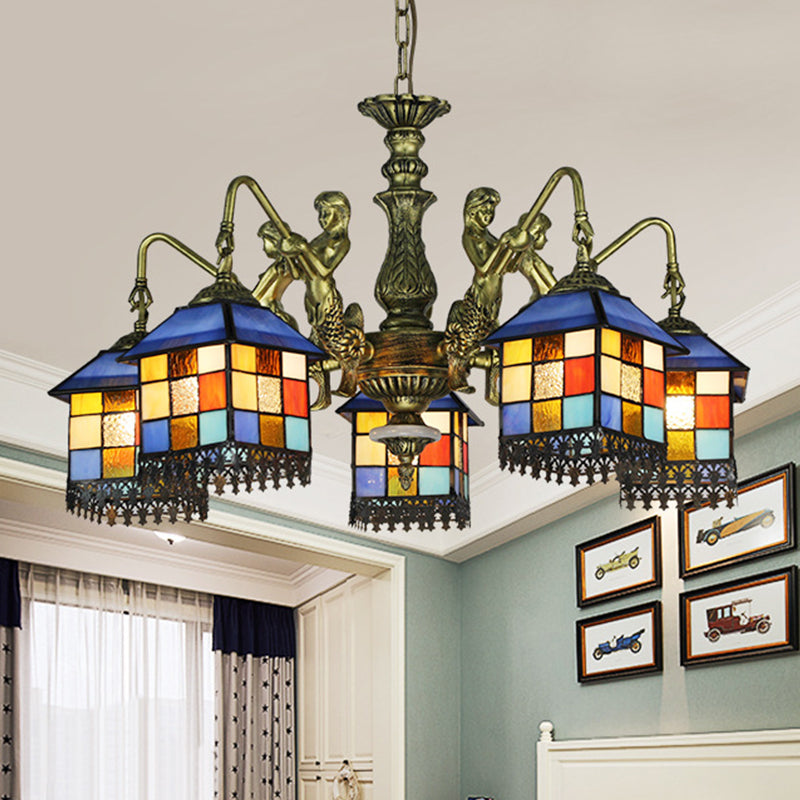 Blue Stained Glass Chandelier Light Fixture for Living Room - Mediterranean House Ceiling Light with 5/9/11 Lights