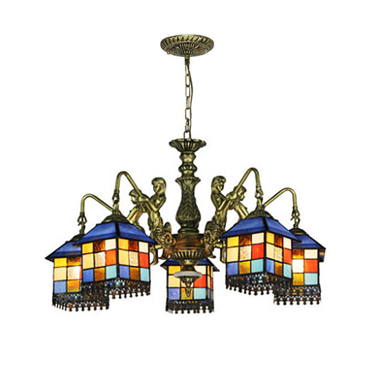 Blue Stained Glass Chandelier Light Fixture for Living Room - Mediterranean House Ceiling Light with 5/9/11 Lights