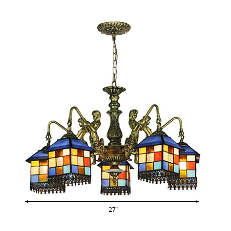 Blue Stained Glass Chandelier Light Fixture for Living Room - Mediterranean House Ceiling Light with 5/9/11 Lights