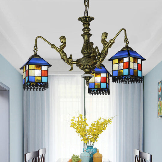 Blue Stained Glass Chandelier Light Fixture for Living Room - Mediterranean House Ceiling Light with 5/9/11 Lights