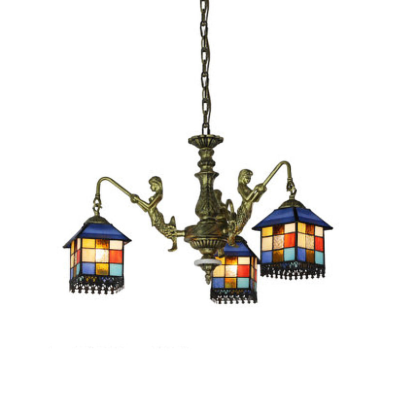 Blue Stained Glass Chandelier Light Fixture for Living Room - Mediterranean House Ceiling Light with 5/9/11 Lights