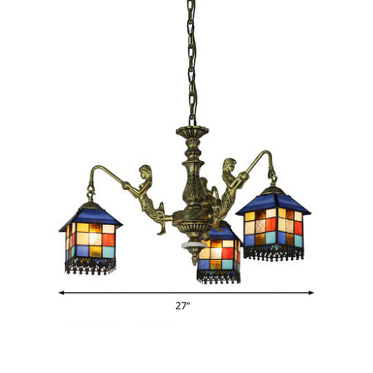 Blue Stained Glass Chandelier Light Fixture for Living Room - Mediterranean House Ceiling Light with 5/9/11 Lights