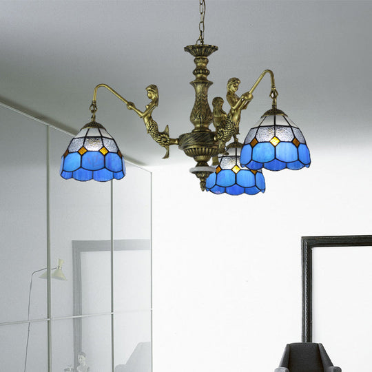 Blue Stained Glass Chandelier with Grid Pattern and Baroque Suspension - 5/9/11 Lights