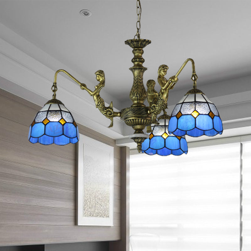 Blue Stained Glass Chandelier with Grid Pattern and Baroque Suspension - 5/9/11 Lights