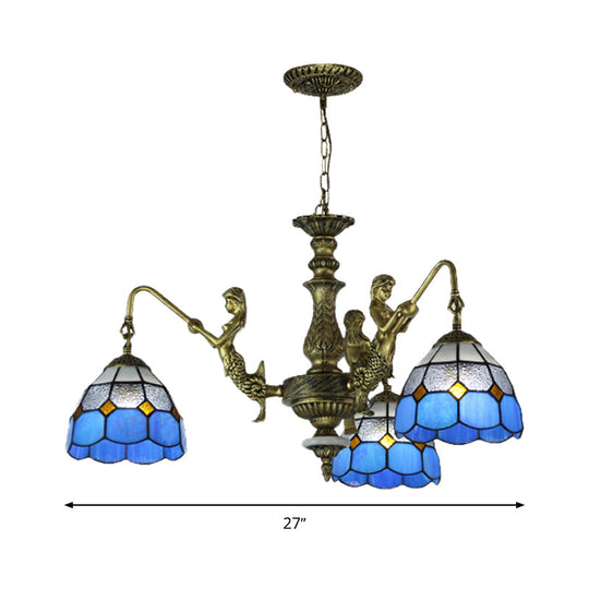 Blue Stained Glass Chandelier with Grid Pattern and Baroque Suspension - 5/9/11 Lights