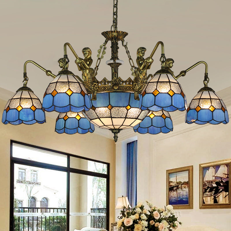 Blue Stained Glass Chandelier with Grid Pattern and Baroque Suspension - 5/9/11 Lights