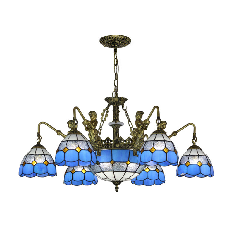 Blue Stained Glass Chandelier with Grid Pattern and Baroque Suspension - 5/9/11 Lights