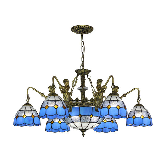 Baroque Blue Stained Glass Chandelier With Grid Pattern - 5/9/11 Lights