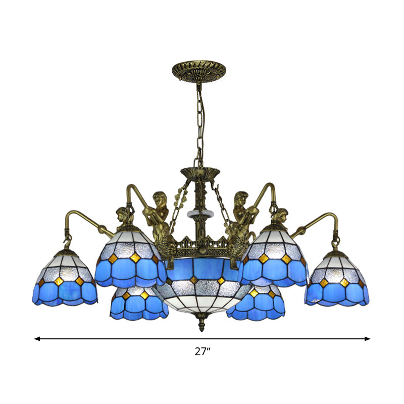 Blue Stained Glass Chandelier with Grid Pattern and Baroque Suspension - 5/9/11 Lights