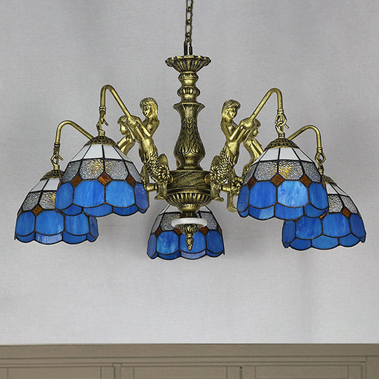 Blue Stained Glass Chandelier with Grid Pattern and Baroque Suspension - 5/9/11 Lights