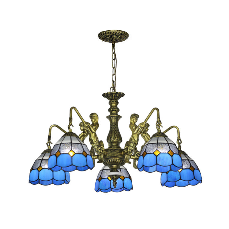 Blue Stained Glass Chandelier with Grid Pattern and Baroque Suspension - 5/9/11 Lights