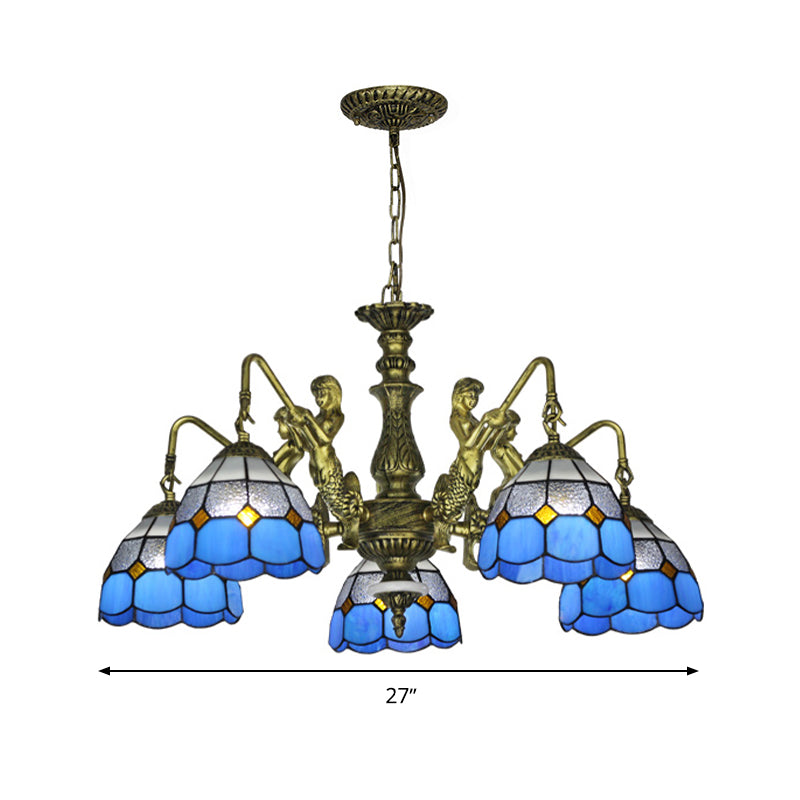 Blue Stained Glass Chandelier with Grid Pattern and Baroque Suspension - 5/9/11 Lights