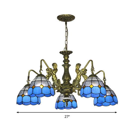 Blue Stained Glass Chandelier with Grid Pattern and Baroque Suspension - 5/9/11 Lights