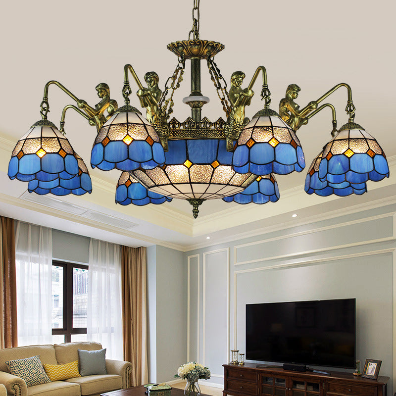 Blue Stained Glass Chandelier with Grid Pattern and Baroque Suspension - 5/9/11 Lights