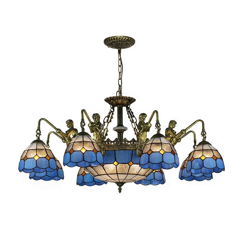 Blue Stained Glass Chandelier with Grid Pattern and Baroque Suspension - 5/9/11 Lights