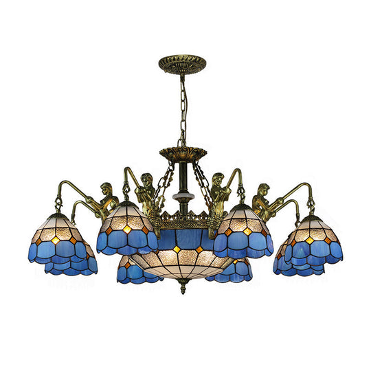 Baroque Blue Stained Glass Chandelier With Grid Pattern - 5/9/11 Lights