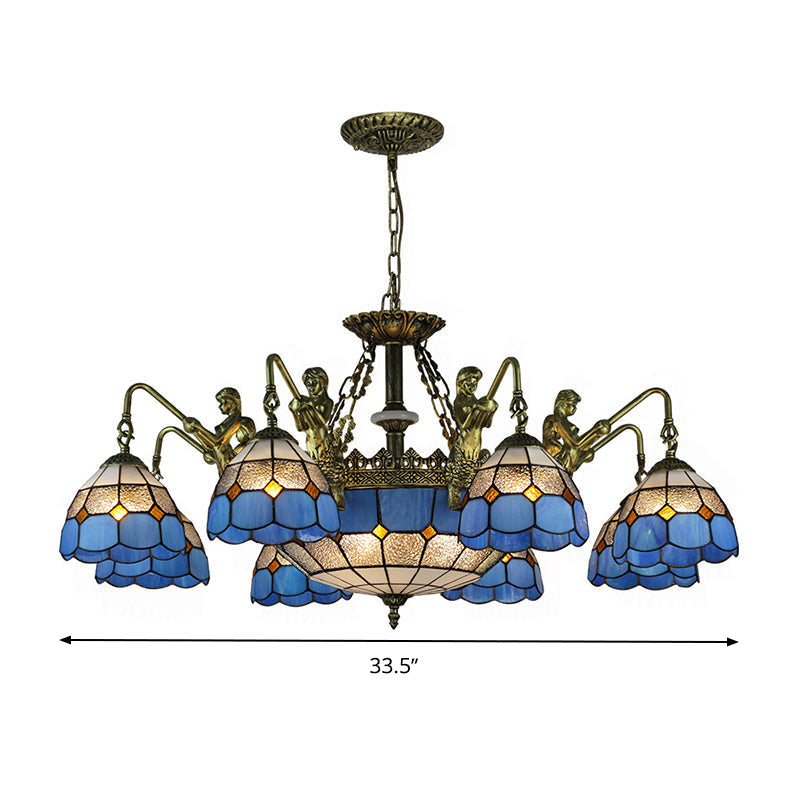 Blue Stained Glass Chandelier with Grid Pattern and Baroque Suspension - 5/9/11 Lights