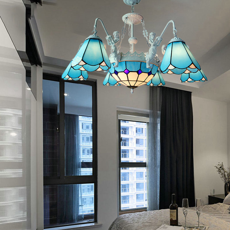 Baroque Stained Glass Pendant Chandelier with 7/9 Lights - Yellow/Blue Hanging Light Kit for Living Room