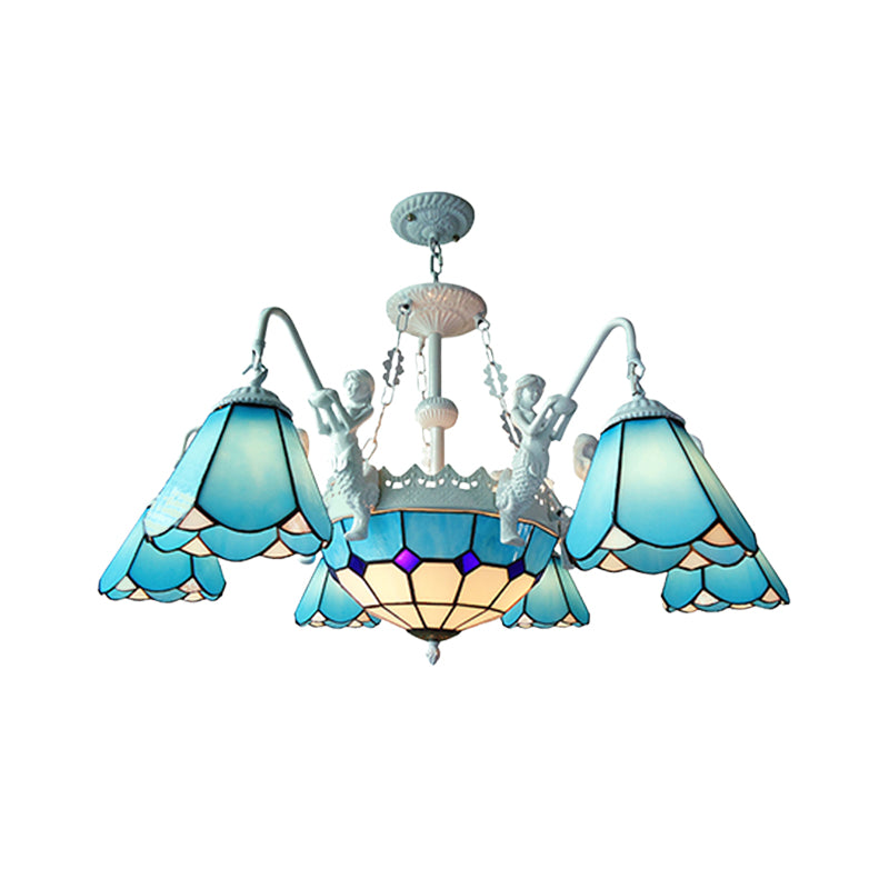 Baroque Stained Glass Pendant Chandelier with 7/9 Lights - Yellow/Blue Hanging Light Kit for Living Room