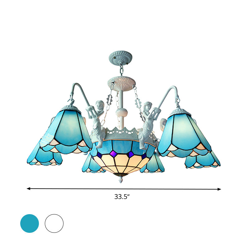 Baroque Stained Glass Pendant Chandelier with 7/9 Lights - Yellow/Blue Hanging Light Kit for Living Room