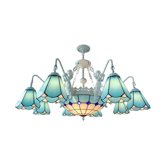 Baroque Stained Glass Pendant Chandelier with 7/9 Lights - Yellow/Blue Hanging Light Kit for Living Room