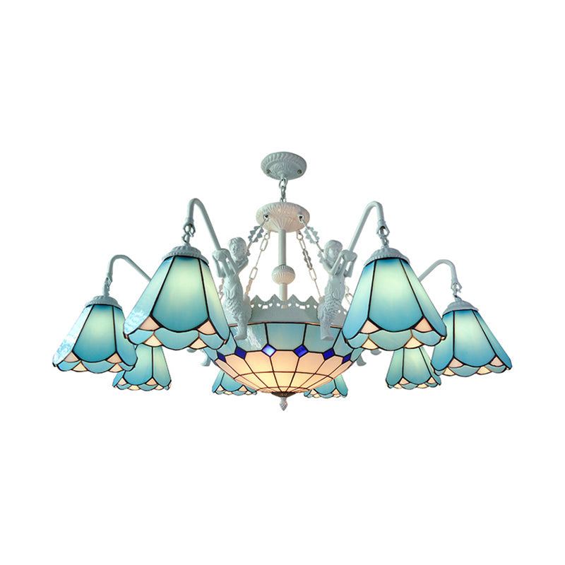 Stained Glass Cone Pendant Chandelier - Baroque Yellow/Blue Hanging Light Kit 7/9 Lights Living Room