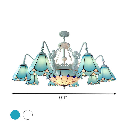 Baroque Stained Glass Pendant Chandelier with 7/9 Lights - Yellow/Blue Hanging Light Kit for Living Room