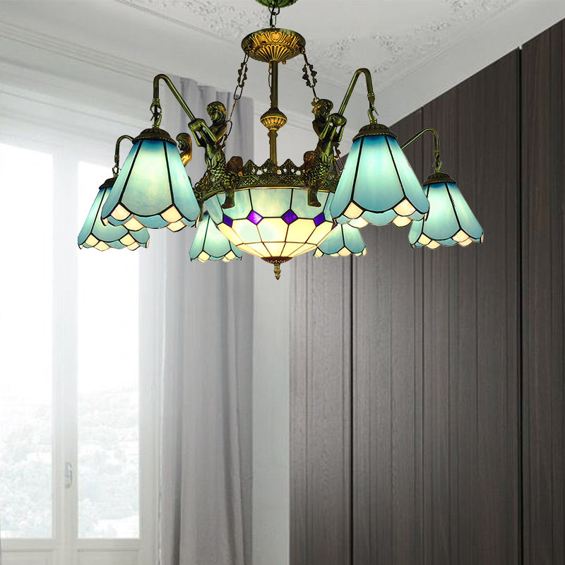 7/9-Light Living Room Chandelier Tiffany Bronze Pendant Fixture Cone Yellow/Blue Glass Shades 7 /