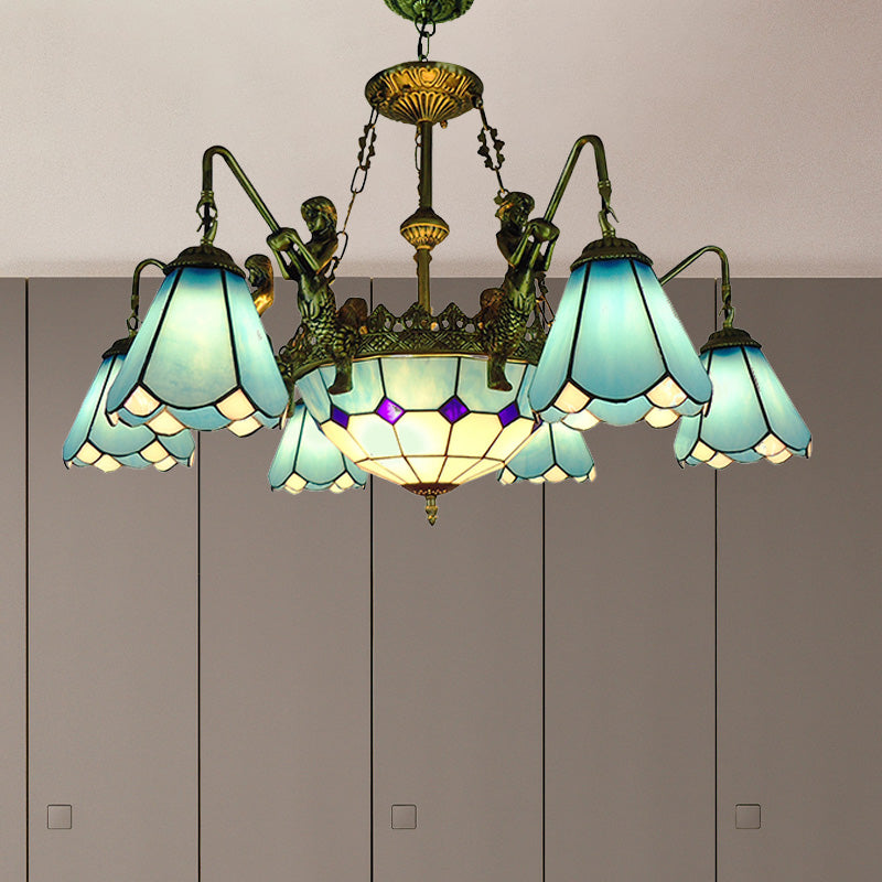 7/9 Light Tiffany Bronze Chandelier with Cone Glass Shades for Living Room