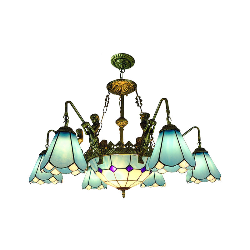 7/9-Light Living Room Chandelier Tiffany Bronze Pendant Fixture Cone Yellow/Blue Glass Shades